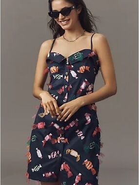 Maeve Navy Satin Candy-Print Mini Dress